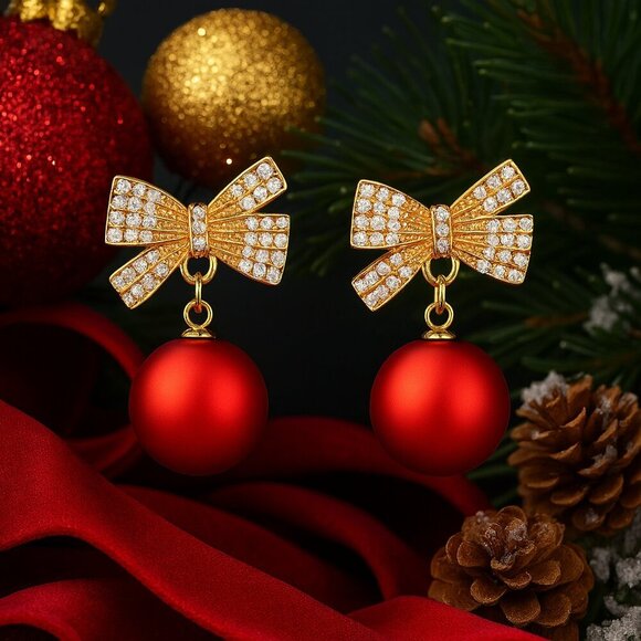 🆕️Holiday Red Ornament Bow Tie Earrings Sparkling Zircon Festive Jewelry Gift - Picture 12 of 16